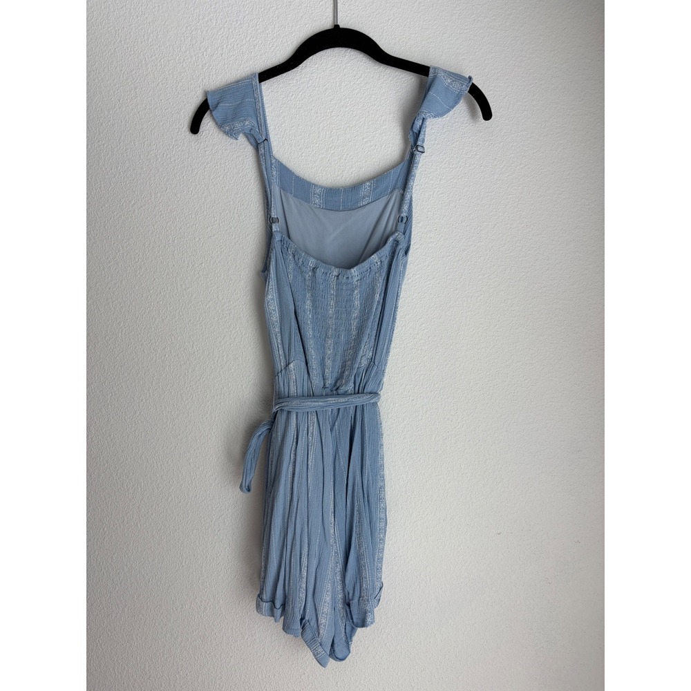 Amaryllis Blue White Striped Ruffle Strap Tie Waist Romper Small Boho Summer - Picture 2 of 4